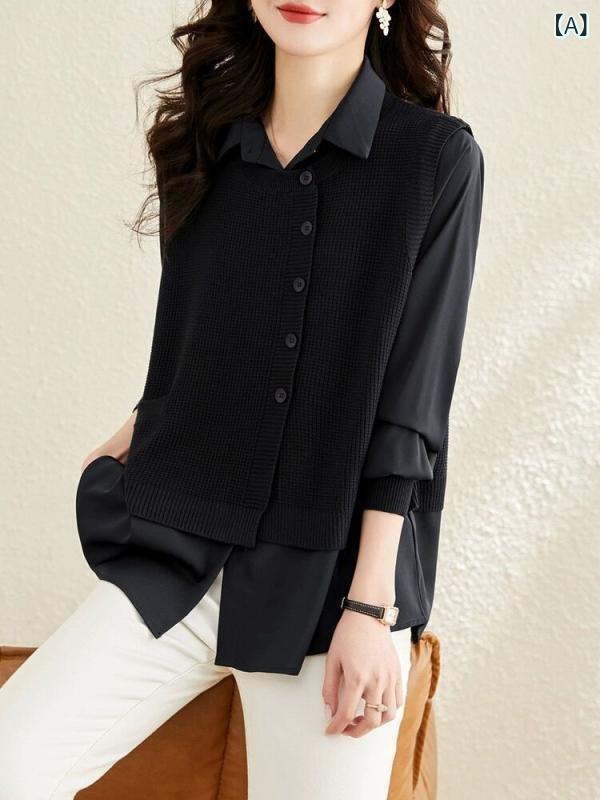 ニット レディース 長袖 フェイクレイヤード 重ね着風 トップス セーター ブラウス ゆったり ポロ襟 カーディガン 無地 切り替え カジュアル 通勤 オフィス 秋冬 ポリエステル ブラック ネイビー グリーン カーキ