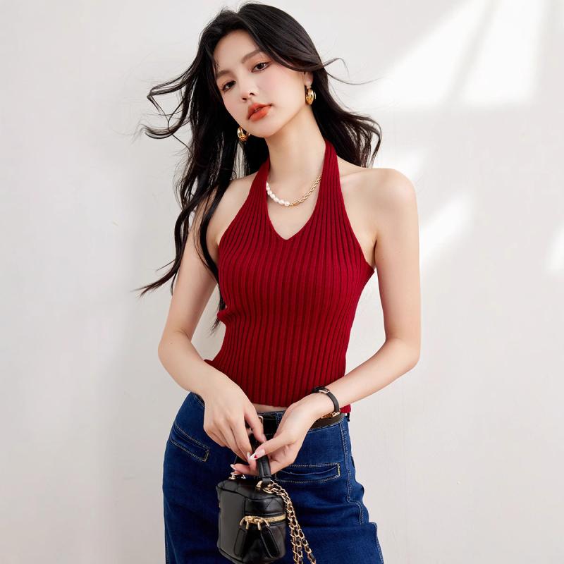 キャミソール レディース レッド ノースリーブ ホルターネック ニット スリムフィット ショート丈 オープンバック セクシー 大人カジュアル トレンド 春夏