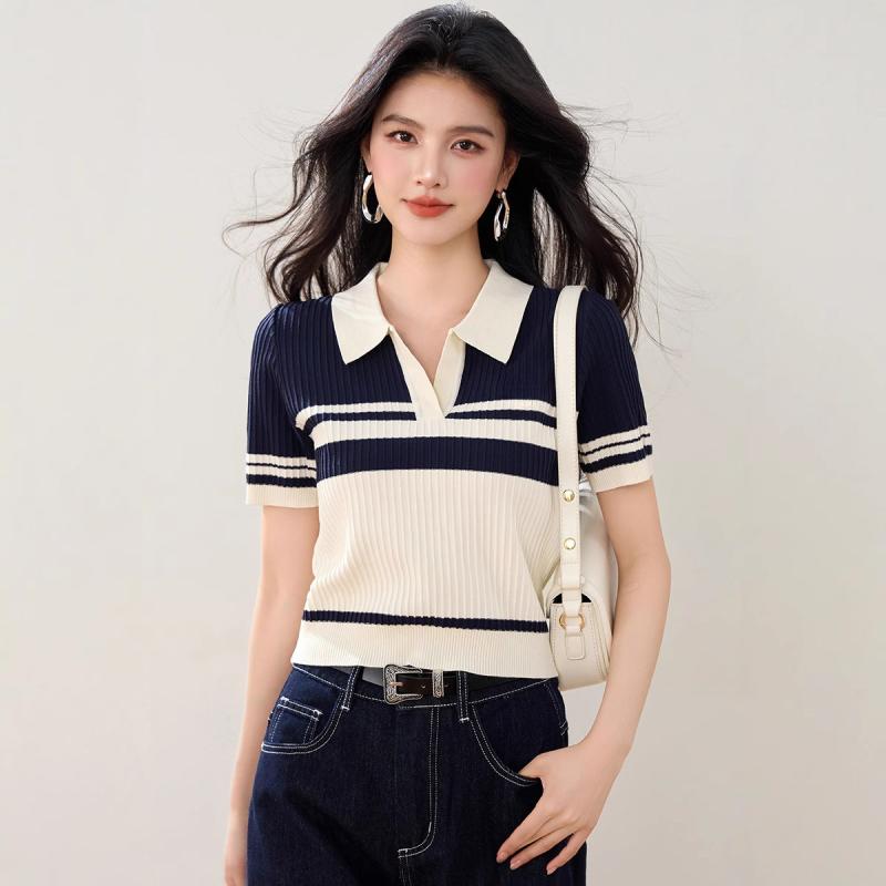 ニットTシャツ レディース おしゃれ デザイン 接触冷感 半袖 ポロネック 配色切り替え スリムフィット 細見え 若見え 伸縮性 ショート丈 ネイビー オフィス カジュアル 春夏