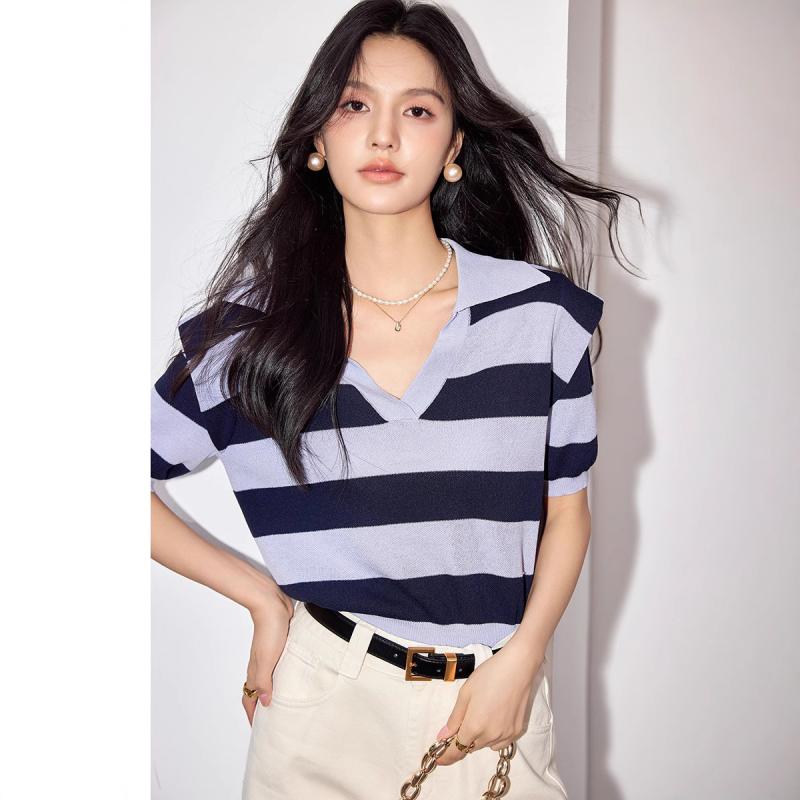 トップス レディース フレンチカジュアル ポロ襟 切り替え ネイビーストライプ 接触冷感 薄手 ニットTシャツ 高級感 ゆったり 細見え 春夏
