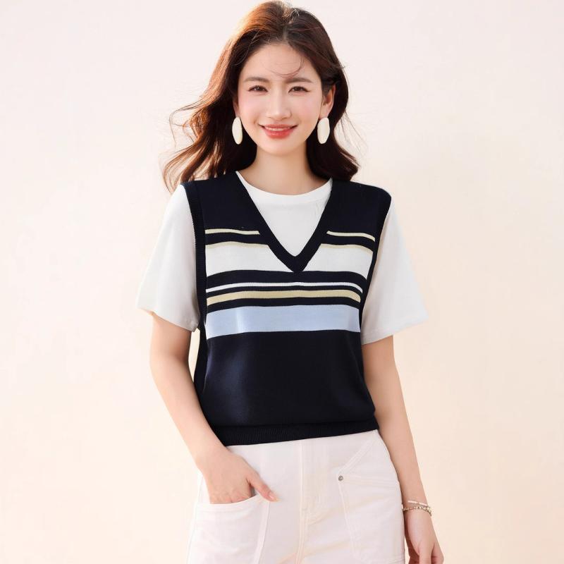 Tシャツ レディース 韓国風 重ね着風 配色切り替え ストライプ柄 接触冷感 ニット 半袖 クルーネック コットン ストレッチ トップス 春夏 カジュアル