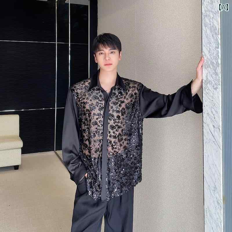 シャツ 男性用 グリッター スパンコール ヒョウ柄 ジャガード織り シースルー メッシュ レース 長袖 襟付き 薄手 ポリエステル混紡 舞台衣装 ダンス衣装 イベント パーティー 春秋 ブラック グリーン