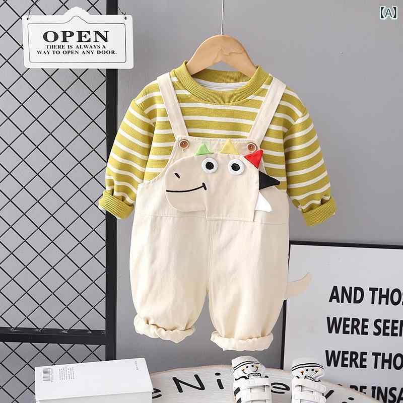 セットアップ 男の子 ベビー 韓国風 サロペット オーバーオール パンツ 長袖トップス 2点セット 綿 コットン 恐竜柄 かわいい おしゃれ 普段使い 通園 カジュアル 春秋