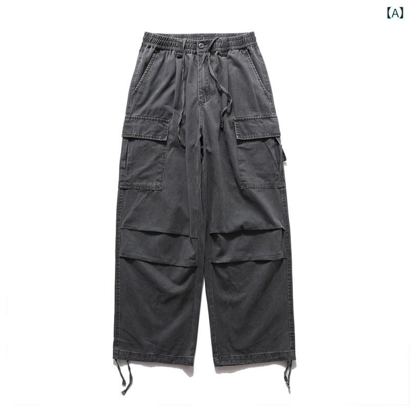 カジュアルパンツ メンズ 男性用 アメカジ 機能性 ストリート系 ワーク カーゴパンツ ダメージ加工 ヴィンテージ感 無地 ドローストリング 裾絞り ジョガーパンツ ルーズ ワイドシルエット 長ズボン ボトムス 綿 コットン 通気性 グレー グリーン カ