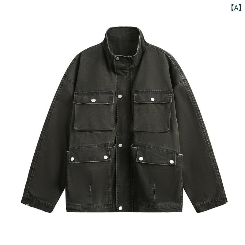 ジャケット メンズ デニム ワーク マルチポケット スタンドカラー ジップアップ ルーズフィット ビッグシルエット ストリートカジュアル ユーズド加工 コットン 綿素材 耐摩耗性 丈夫 ミドル丈 ダークグリーン 春秋 アウター 普段使い