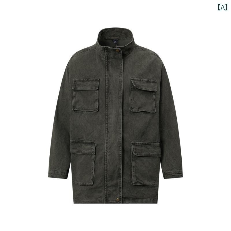 ジャケット メンズ デニム ワークジャケット スタンドカラー ウォッシュ加工 ヴィンテージ風 立体パッチポケット ルーズフィット カジュアル アメカジ ブルゾン アウター 春秋用 コットン製