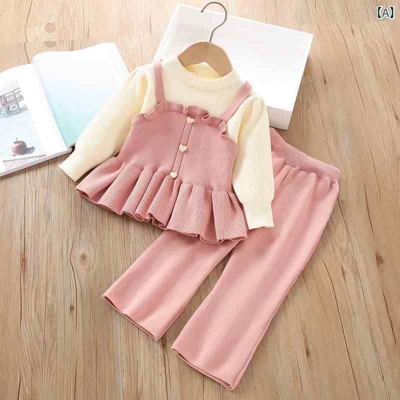 ニット セットアップ キッズ 女の子 子供服 長袖 パンツ 秋服 韓国風 おしゃれ 重ね着風 トップス 2点セット アクリル素材 ピンク ワインレッド カーキ カジュアル 普段使い