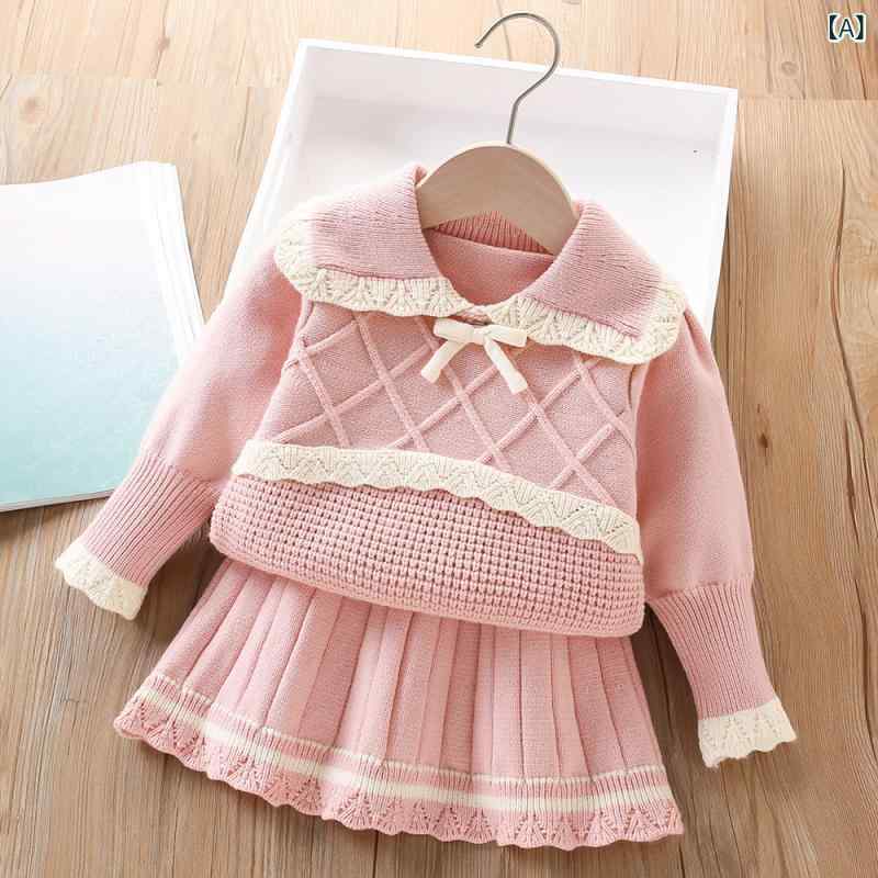 ニット 女児 女の子 キッズ 子供服 秋冬 セットアップ セーター プルオーバー 長袖 ミニスカート ショートスカート 2点セット 韓国風 オルチャンスタイル おしゃれ かわいい ソフト アクリル素材 普段使い お出かけ 通園 ピンク レッド オフホワイ
