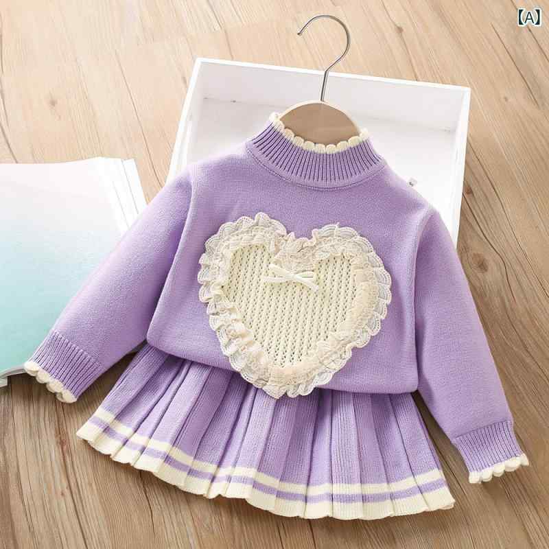 ニット セットアップ キッズ 女の子 子供服 秋冬 韓国ファッション フリル レース 長袖 プルオーバー アクリル ミニスカート 2点セット かわいい おしゃれ 普段使い