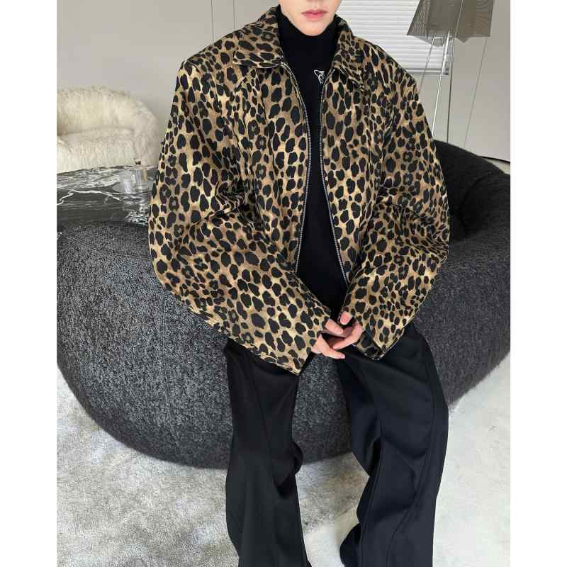 ジャケット メンズ アメリカン アメカジ ヒョウ柄 デニムジャケット ブルゾン 襟付き デザイン ショート丈 ゆったり ルーズフィット アウター 通気性 タウンユース 日常使い 春秋