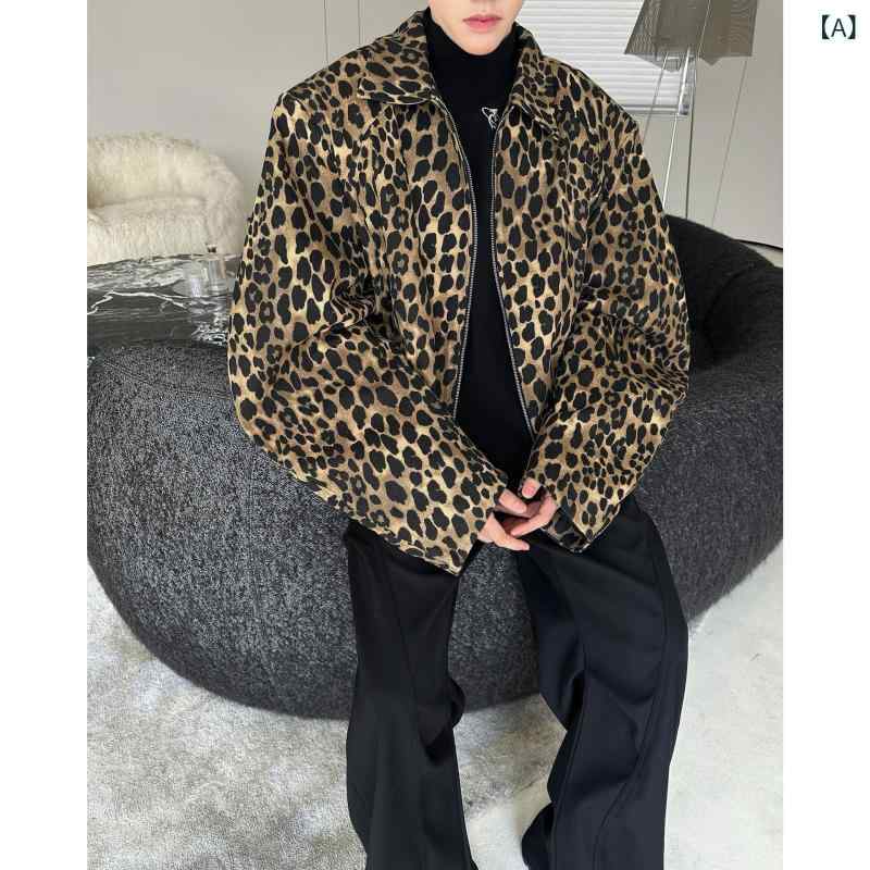 デニムジャケット 男性用 ヒョウ柄 アメカジ 欧米風 個性的 デザイン ショート丈 ゆったり オーバーサイズ シングルブレスト 長袖 綿混紡 ポリエステル 春秋 カジュアル アウター ブルゾン