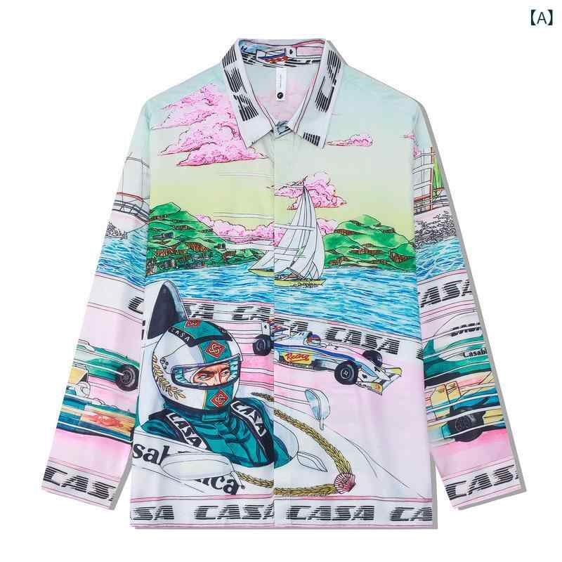 シャツ メンズ 男性用 レトロ ヴィンテージ 欧米ストリート レーシング カジュアル 長袖 ゆったり オーバーサイズ スタンドカラー プリント 薄手 ポリエステル 春秋 ビーチ リゾート 普段使い