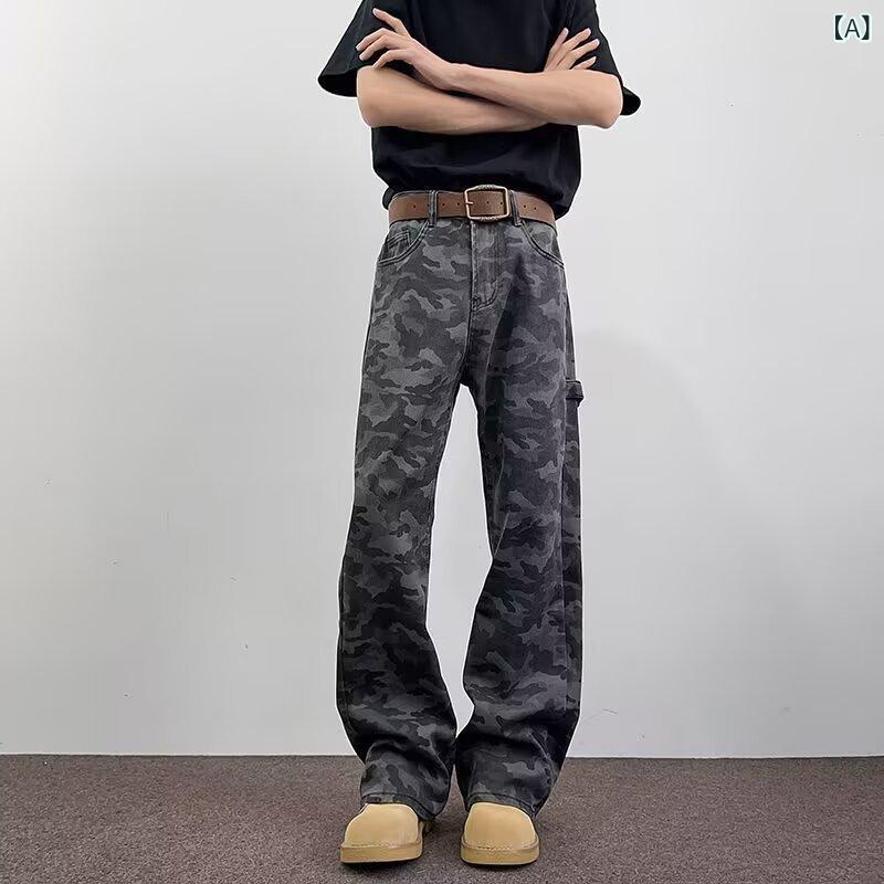 ワークパンツ メンズ 迷彩柄 カモフラージュ ウォッシュ加工 アメカジ ストリート カジュアル ヴィンテージ レトロ ゆったり ルーズシルエット ワイドストレート ロングパンツ ポリエステル ボトムス 普段使い