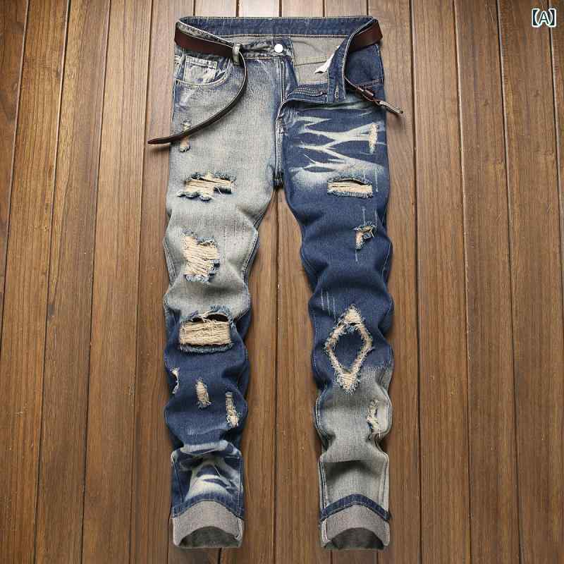デニムパンツ メンズ 男性用 ダメージ加工 ストレートシルエット 綿混 コットン 快適な穿き心地 普段使い カジュアル ストリートファッション トレンド