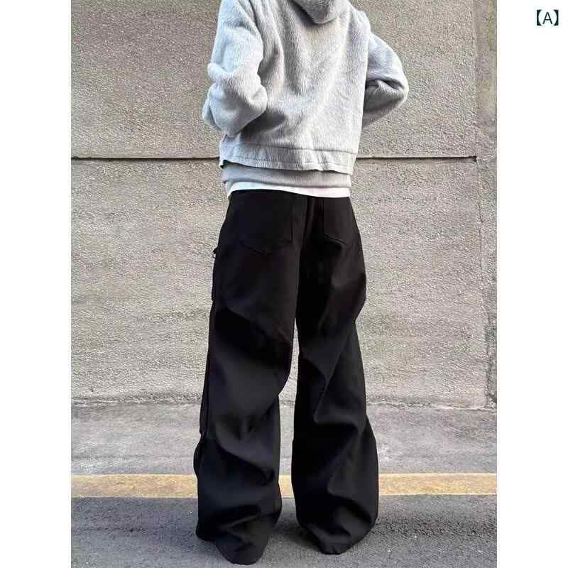 カーゴパンツ メンズ パラシュートパンツ アメカジ プリーツ ワイド ストレート ルーズフィット デザイン性 通気性 吸湿速乾 ポリエステル混 ブラック カジュアル 普段使い