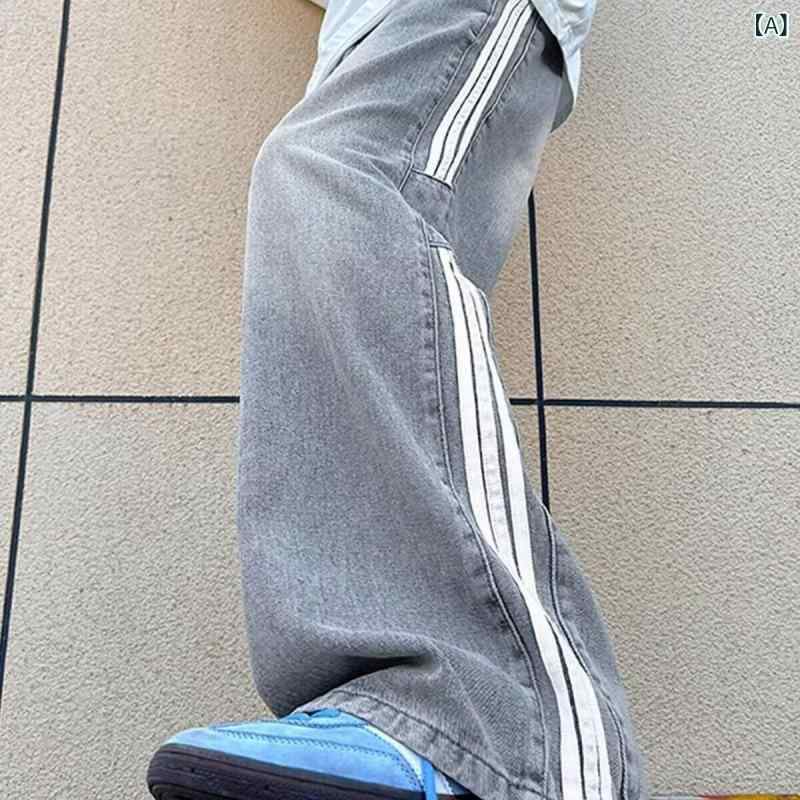 デニムパンツ メンズ ストリート カジュアル レトロ スリーストライプス ハイストリート ストレート ルーズフィット ウォッシュ ユーズド加工 綿素材 ストレッチ マルチポケット