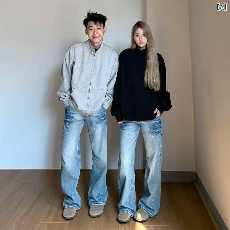 デニムパンツ メンズ ライトブルー 稲妻柄 アメカジ ストリート ウォッシュ加工 ルーズフィット ストレート ロングパンツ ミドルウエスト ポケット付き 綿 コットン カジュアル 普段使い 春秋