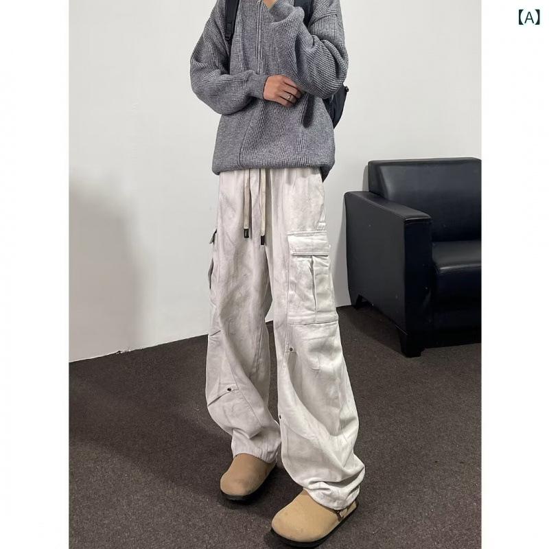 パンツ メンズ 男性用 アメカジ レトロ ヴィンテージ カーゴ パラシュートパンツ 多ポケット ビッグポケット ゆったり ルーズ ワイド ストレート ロングパンツ カジュアル 普段使い 綿 コットン 通気性 吸湿速乾 微ストレッチ グレー