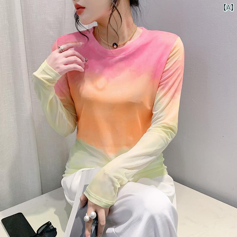 Tシャツ レディース スリムフィット シアーメッシュ切り替え 幾何学プリント 長袖 ラウンドネック UVカット 日韓風カジュアル ナイロン素材 オレンジ ブルー