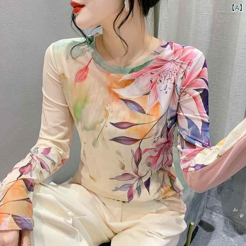 Tシャツ レディース 丸首 長袖 肌触りの良い 高弾性 プリント 花柄 メッシュ 切り替え シアー スリムフィット 春夏 カジュアル きれいめ 細見え インナー トップス カットソー