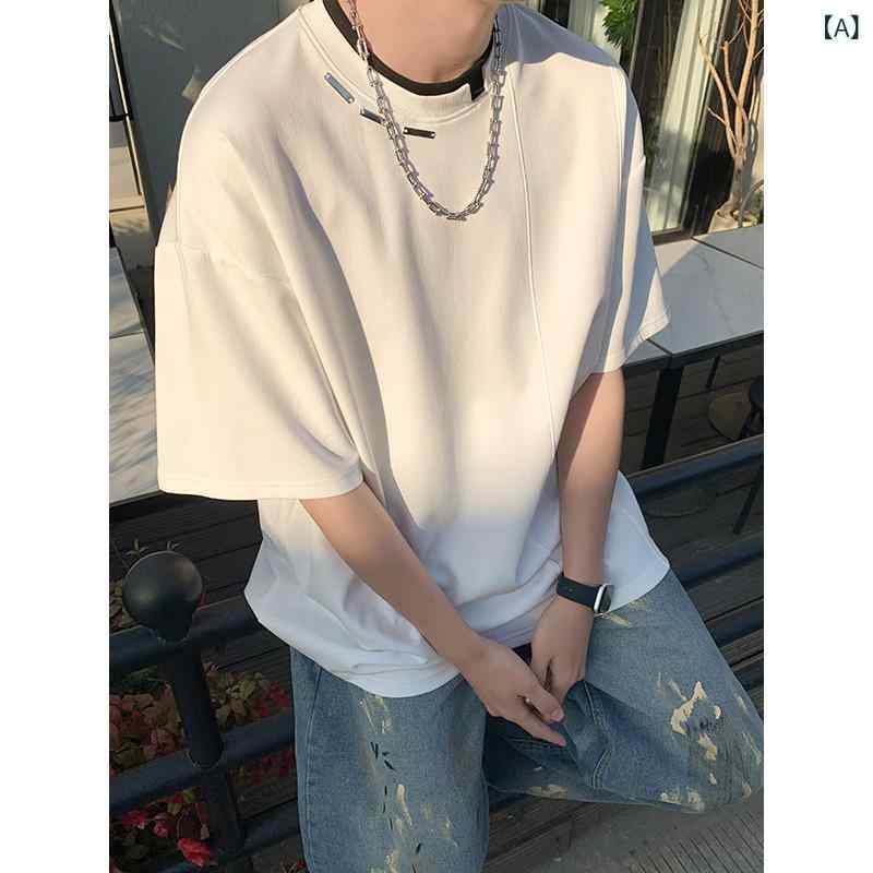 Tシャツ メンズ 男性用 ヘビーウェイト 厚手 260g アメリカンデザイン 半袖 ショートスリーブ 小さめクルーネック 丸首 メタルボタン デコンストラクト 個性的 トレンド ストリート 高級感 ビッグシルエット 綿 コットン トップス カジュアル 普