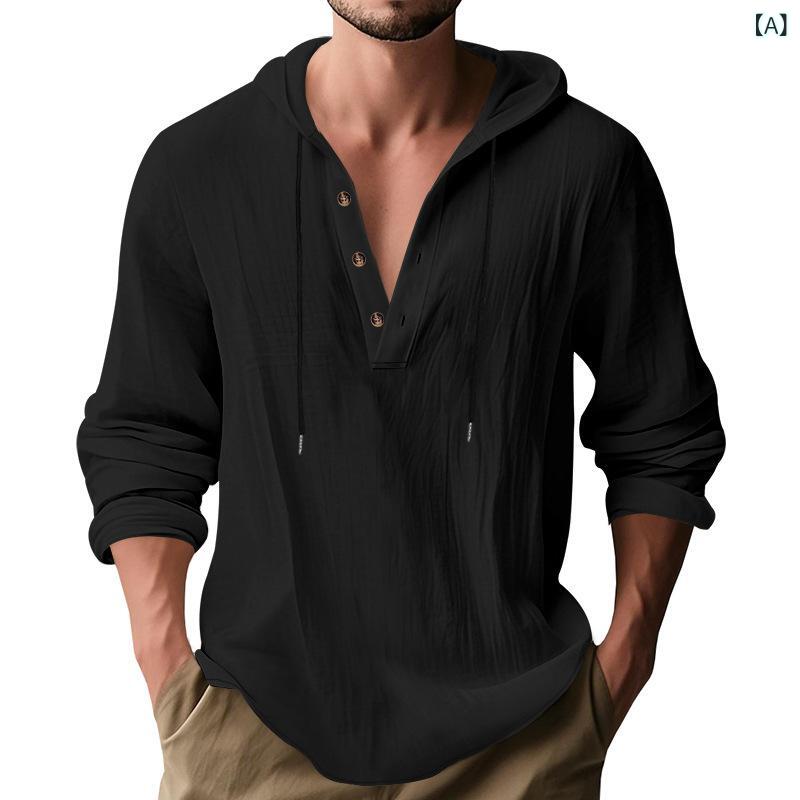 Tシャツ メンズ 男性用 長袖 ロングスリーブ リネン 麻 フード付き パーカー シャツ風 カジュアル ゆったり ルーズフィット オーバーサイズ スウェット トレーナー 春秋