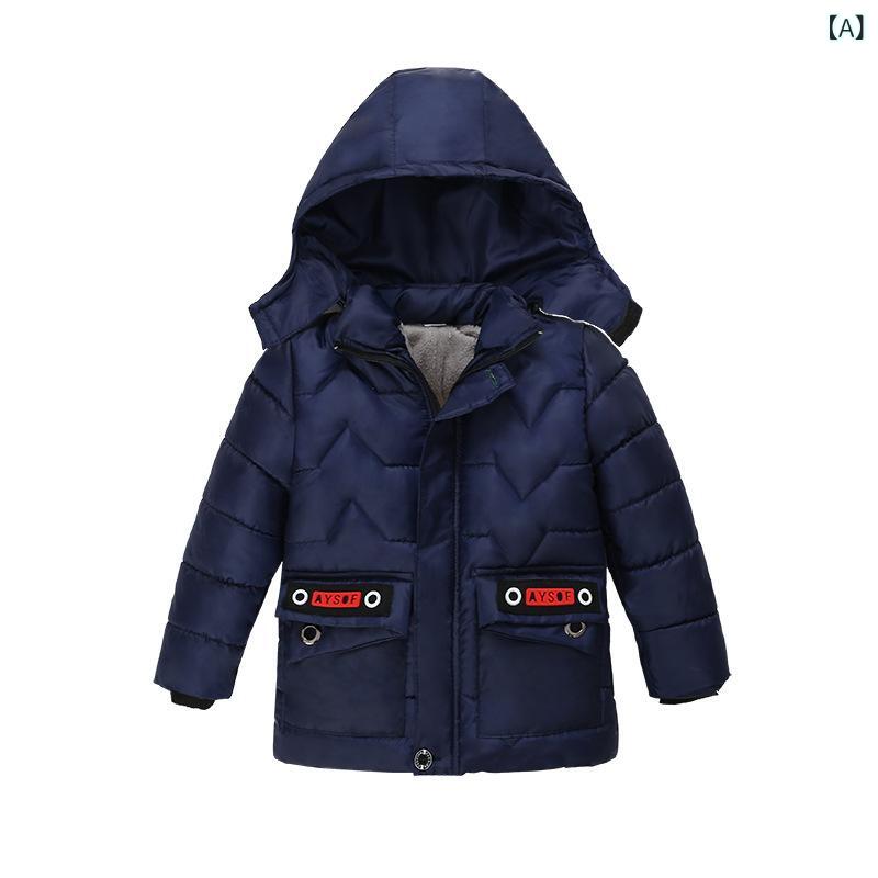 中綿コート 男の子 ボーイズ キッズ 子供服 秋冬 厚手 防寒 ミドル丈 ハーフ丈 フード付き 保温 暖かい 通園 通学 小学生 カジュアル ロゴデザイン アウター