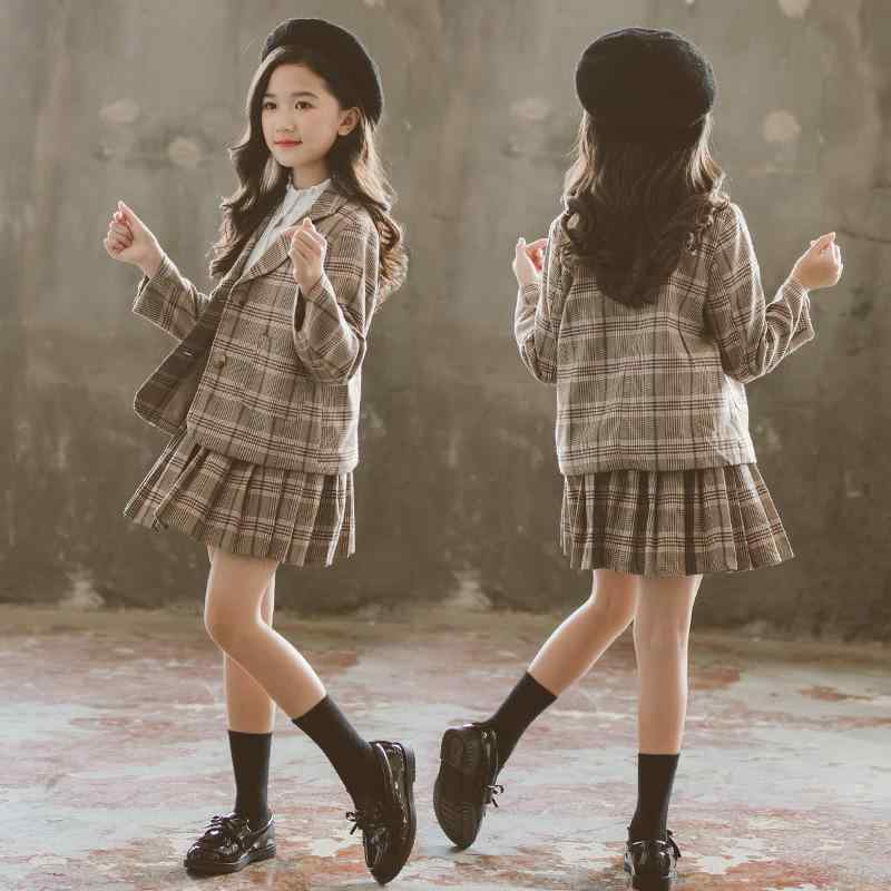 セットアップ 女の子 キッズ ジュニア チェック柄 ジャケット プリーツスカート 韓国風 おしゃれ かわいい 長袖 シングルブレスト 綿100% 春秋 カーキ 通学 お出かけ 普段使い