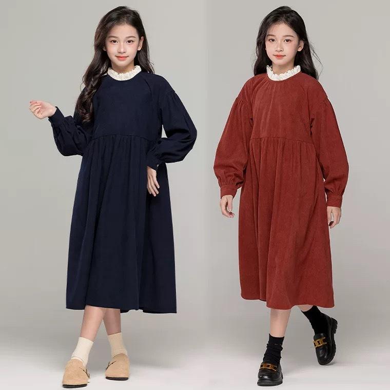 ワンピース 女の子 ジュニア 秋冬 無地 長袖 裏起毛 コーデュロイ ポリエステル ゆったり ロング丈 あったか 韓国風 切り替え レトロ襟デザイン 通学 お出かけ カジュアル