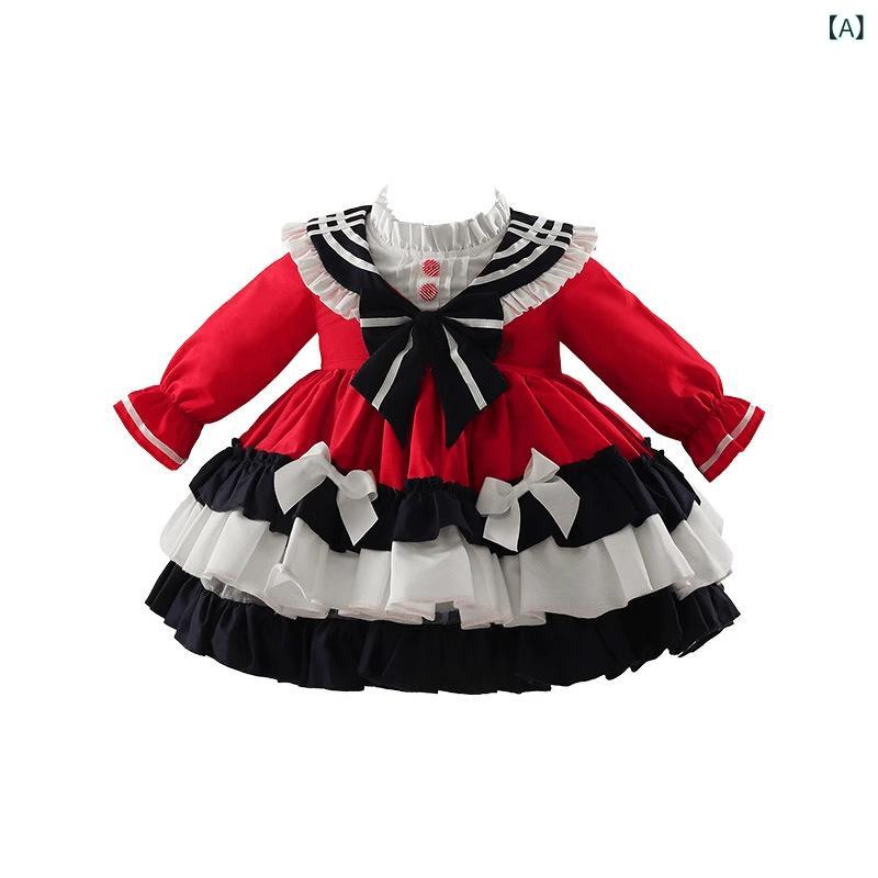 ワンピース 子供服 キッズ 女の子 幼児 ロリータドレス スクール風 学院風 プレッピースタイル 綿 コットン 春秋 長袖 プリンセスライン フレアスカート かわいい 無地 赤 レッド お出かけ 普段着