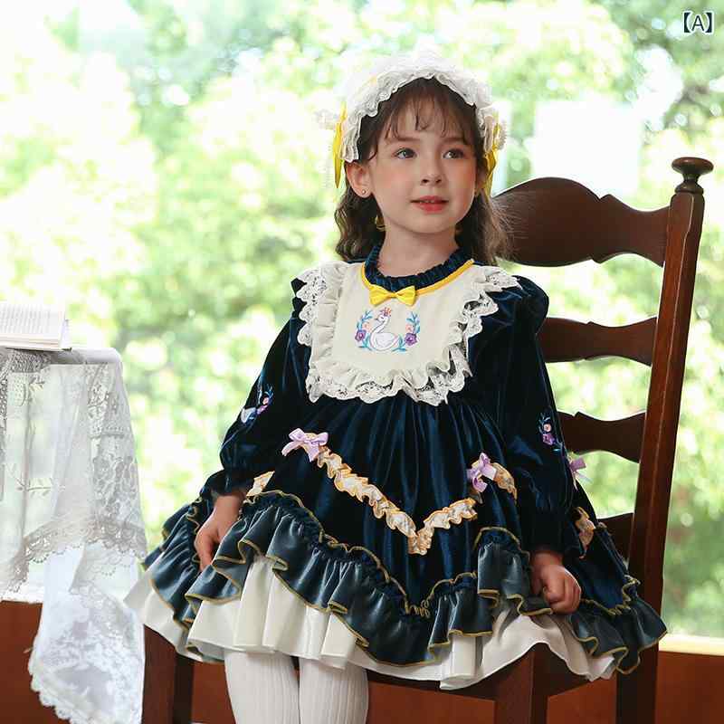 ワンピース キッズ 女の子 ロリータ プリンセスドレス 秋冬 刺繍 長袖 ポリエステル ロイヤルブルー Aライン ボリュームスカート 発表会 パーティー フォーマル かわいい おしゃれ 綿裏地