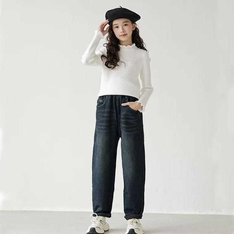 デニムパンツ 女の子 キッズ 小中学生 冬 裏起毛 暖かい 防寒 レトロ ヴィンテージ ハイウエスト キャロットパンツ ロング丈 普段使い 通学 韓国風 カジュアル おしゃれ