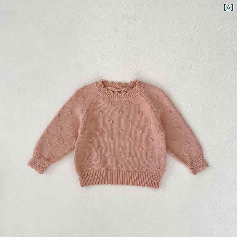 ニット ベビー 女の子 子供 春夏 長袖 プルオーバー クルーネック ポップコーン編み ドット柄 綿 コットン オールドローズ カジュアル 着回し かわいい プリンセス トレンド トップス
