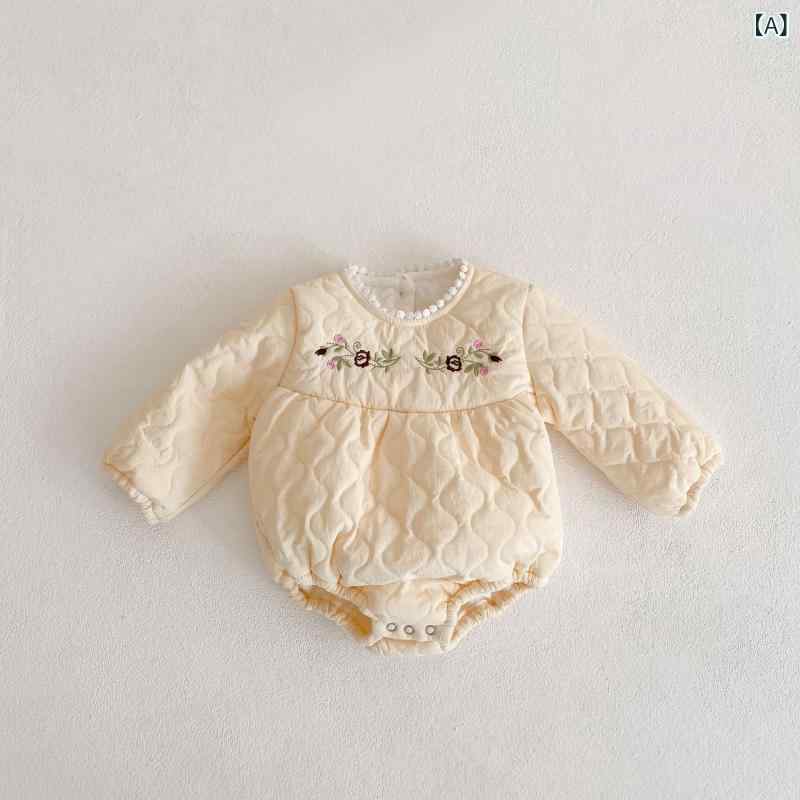 ワンピース ロンパース ベビー 女の子 新生児 0-1歳 秋冬 中綿 キルティング 厚手 刺繍 長袖 ポリエステル 丸襟 ラウンドネック フードなし 前開き ボタン カジュアル カバーオール