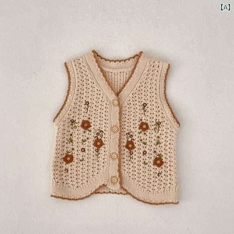 ニットベスト ベビー 女の子 子供用 春秋 花柄刺繍 かわいい コットン 綿100% 前開き 羽織り Vネック シングルボタン 柔らか 肌に優しい ピンク系 お出かけ 普段使い カジュアル
