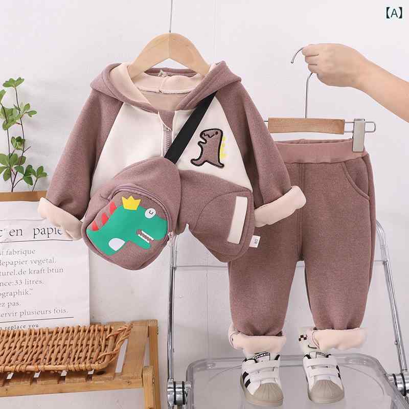 セットアップ ベビー キッズ 男の子 秋冬 厚手 裏起毛 フード付き 恐竜しっぽデザイン ジャケット 長ズボン 上下2点セット 韓国風 かわいい カジュアル 綿混ニット ジップアップ 4,507円