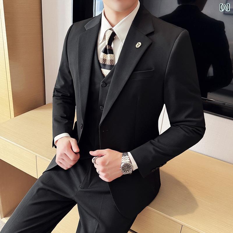スーツ メンズ 男性用 春夏 ビジネス フォーマル 結婚式 二次会 礼服 スリーピース ワンボタン スリムフィット スタイリッシュ 韓国風 ポリエステル 黒 灰色
