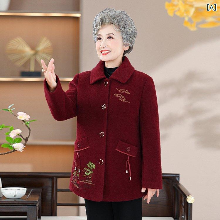 コート レディース ミセス お母さん 秋冬 メルトン ウール 花柄 プリント ゆったり 体型カバー 上品 エレガント きれいめ アウター ミドル丈 ポケット付き レッド系 ブラウン系 通勤 オフィス 普段使い お出かけ