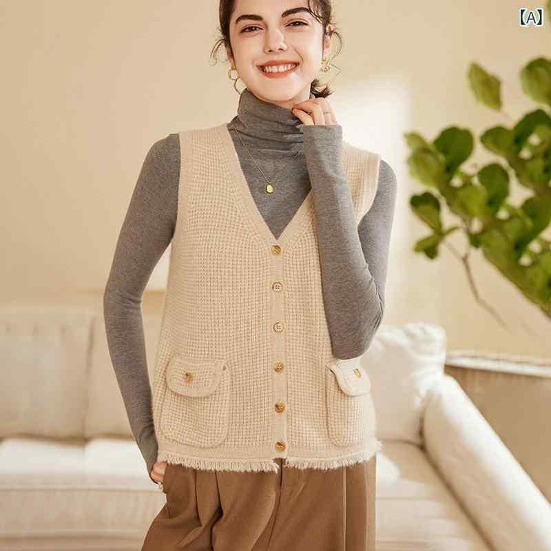 ベスト レディース カシミヤ100% Vネック 厚手 フロントボタン ポケット ニット 羽織り 上品 エレガント 通勤 オフィス 普段使い 秋冬 オートミール パープル 11,555円