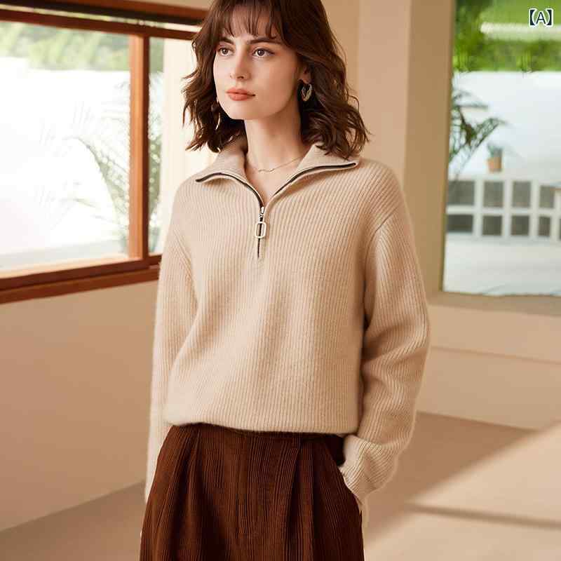 セーター レディース 100%カシミヤ ニット ポロ襟 ファスナー 厚手 秋冬 長袖 ドロップショルダー 縦ストライプ 通勤 オフィス きれいめ トップス プルオーバー