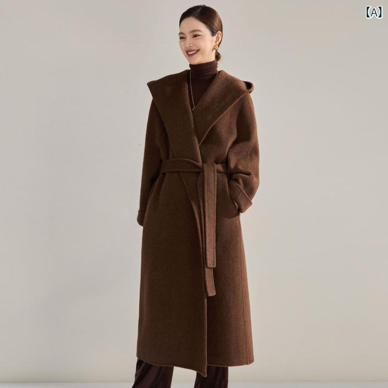 コート レディース 冬 ライトラグジュアリー シルク カシミヤ ウール ダブルフェイス ロング丈 フード付き ローブコート 高級感 ゆったり ベルト付き エレガント 無地 厚手 通勤 アウター｜naruki