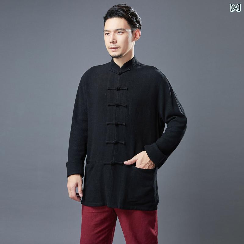 シャツ メンズ 秋冬 中国風 漢服 ラミー麻 対襟 立ち襟 スタンドカラー チャイナボタン ゆったり カジュアル 上着 羽織り ブラック ベージュ ダークグリーン