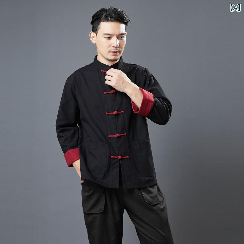 カーディガン メンズ 秋物 チャイナ風 漢服スタイル スタンドカラー 長袖 盤ボタン 切り替え 配色 綿麻 ウォッシャブル ゆったり ビッグシルエット 羽織り 上着 カジュアル トップス