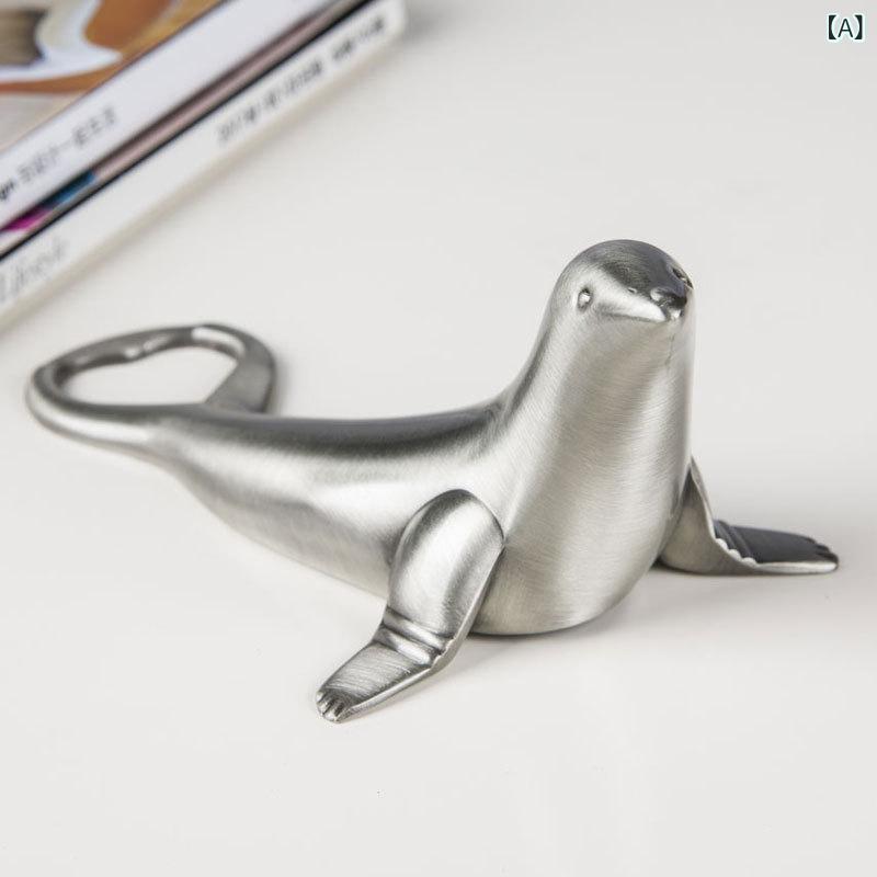 ワインオープナー ビール栓抜き 多機能 アシカ イルカ 動物型 欧風デザイン 高級感 亜鉛合金 アンティークシルバー キッチン ダイニング バー パーティー ギフト(x2)