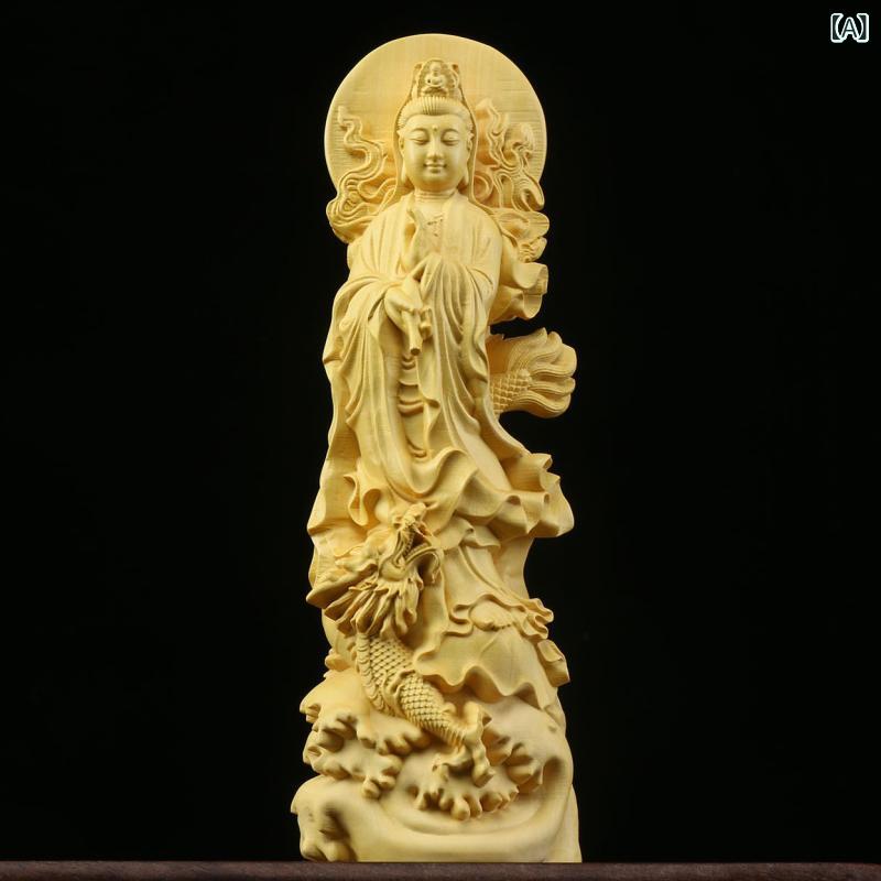 置物 仏像 ツゲ材 木彫り 龍 浄瓶観音 南海観世音菩薩 家庭用 書斎 オフィス インテリア オブジェ 飾り 縁起物 和モダン 精巧 彫刻