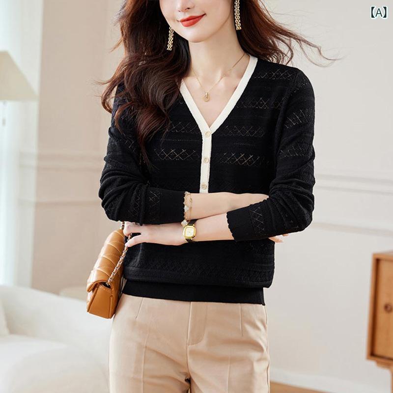 ニット レディース Vネック セーター 薄手 ゆったり 長袖 トップス 秋冬 女性用 オフィス 通勤 きれいめ カジュアル リラックスフィット アクリル コットンブレンド レギュラー丈