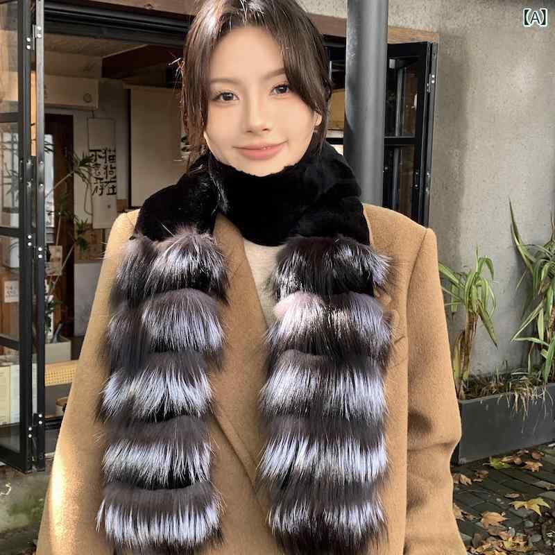 マフラー レディース レッキスラビットファー フォックスファー 毛皮 上質 高級感 厚手 ロング丈 保温 防寒 あったか リバーシブル ストール ネックウォーマー 秋冬 エレガントスタイル グレー イエロー