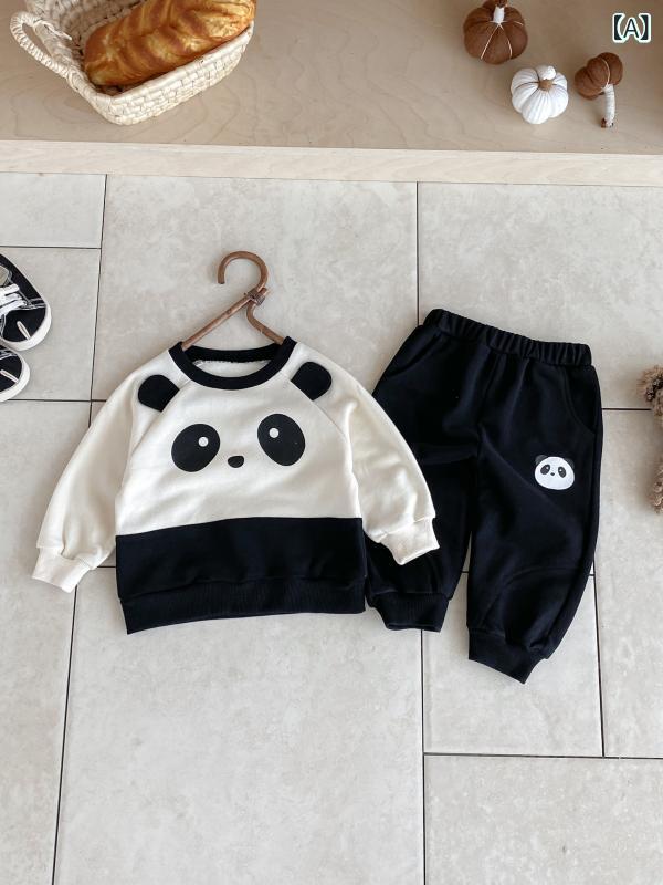 キッズ セットアップ 男の子 女の子 ベビー 子供服 韓国風 おしゃれ かわいい パンダ柄 綿 コットン 黒 ブラック 長袖 丸首 スウェット トレーナー パンツ ズボン 上下セット 春秋 普段使い ルームウェア カジュアル 薄手