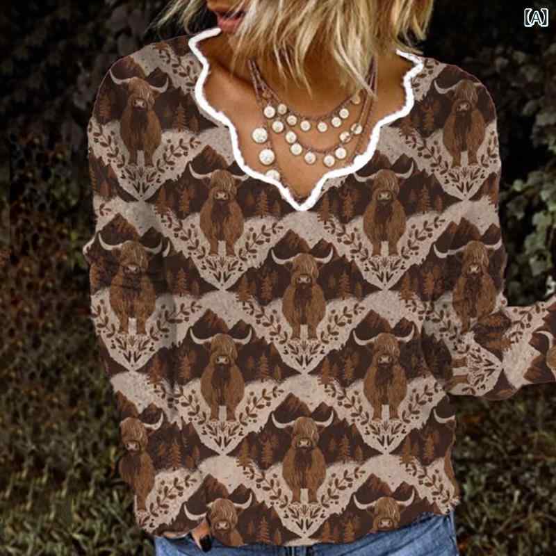 トップス レディース オリジナルデザイン 3Dデジタルプリント ウェーブ Vネック 長袖 Tシャツ カットソー スウェット ポリエステル レギュラーフィット ストリートカジュアル 秋冬(x2)