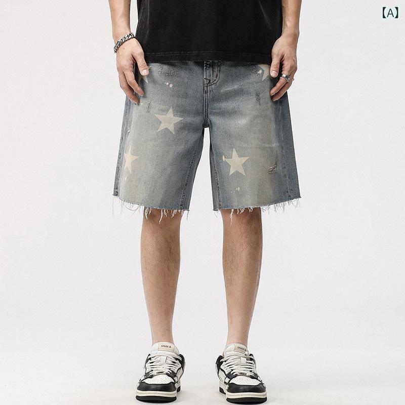 デニムショートパンツ 春夏 欧米風ハイストリート スターデザイン ヴィンテージレトロカラー ゆったりルーズフィット ウォッシュダメージ加工 ストレートハーフパンツ カジュアル デイリーユース
